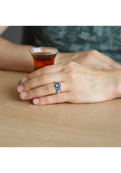 Mavi Zirkon Taşlı Minimal Tasarım 925 Ayar Gümüş Erkek Yüzük (393309244)