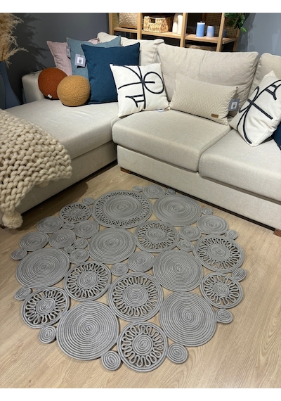 Mavaux Harmony Jüt Doğal Hasır Kilim Bej Geometrik Bohem Yuvarlak El Örmesi Halı Gri