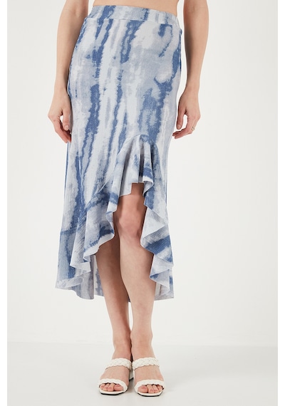 Lela Regular Fit Desenli Yüksek Bel Volanlı Midi Boy Yırtmaçlı Bayan Etek 5869013 Indigo