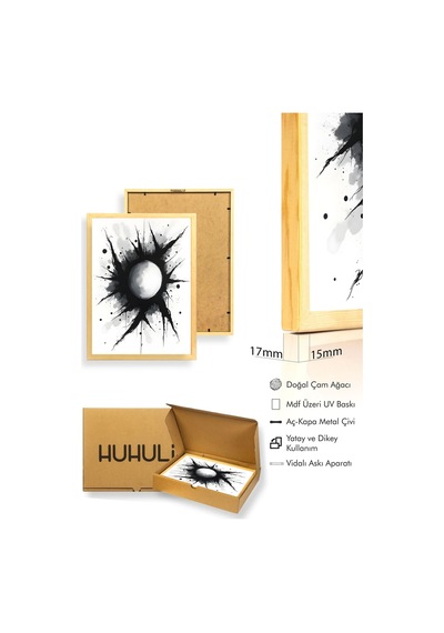 Doğal Ahşap Çerçeveli Soyut Siyah-beyaz Desenli Tablo - Minimal Huhu1184