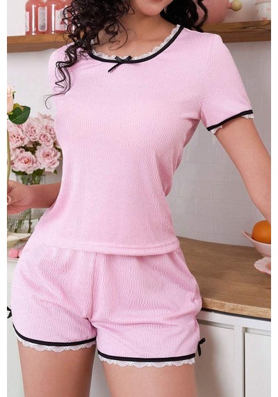Bella Notte Jacquard Pembe Dantel Detaylı Şortlu Pijama Takımı