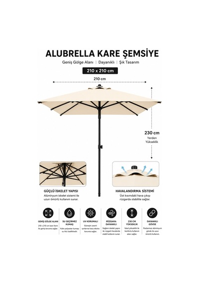 Alubrella Güneş Şemsiyesi Kare, 210 Cm, Krem Rengi Su Geçirmez Kumaş Bej