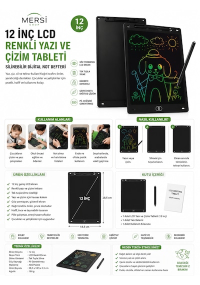 12 İnç Lcd Renkli Yazı Ve Çizim Tableti Silinebilir Dijital Not Defteri Derin Siyah