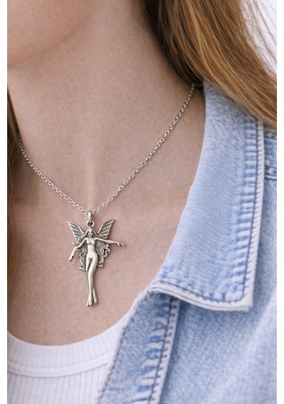 Kanatlı Peri Figürlü Gümüş Renk Metal Tasarım Unisex Günlük Kolye Çok renkli