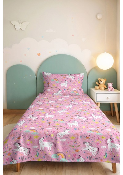 Evimde Bambaşka Pembe Unicorn Kız Çocuk Pike Takımı - Gökkuşağı Pastel Beyaz Bebek Odası Yatak Örtüsü - 160x220  CM