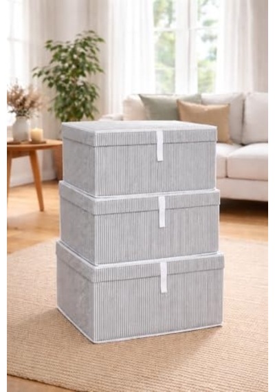 Çok Amaçlı Düzenleyici Kapaklı Sandık Tipi Kutu Hurç Organizer 3 Lü Set Gri, Maxi 50 X 40 X 30