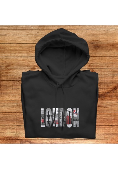 London Baskılı Oversize Unisex Kapüşonlu Sweatshirt Siyah