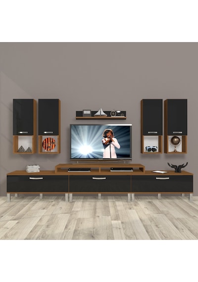 Decoraktiv Ekoflex 8da Slm Krom Ayaklı Tv Ünitesi Tv Sehpası Ceviz - Siyah