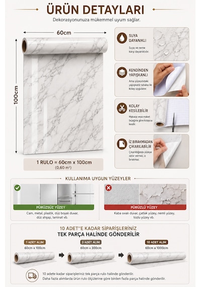 Deconitte Kendinden Yapışkanlı Beyaz Mermer Desenli Pvc Kaplama Folyo Tezgah Masa Dolap 60x100cm