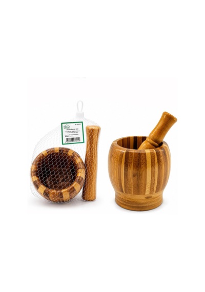 Ahşap Bambu - Çizgili Havan Sarımsak Dövecek Ç: 8cm--d: 7cm--y:10.5cm Fileli Ambalaj 5468