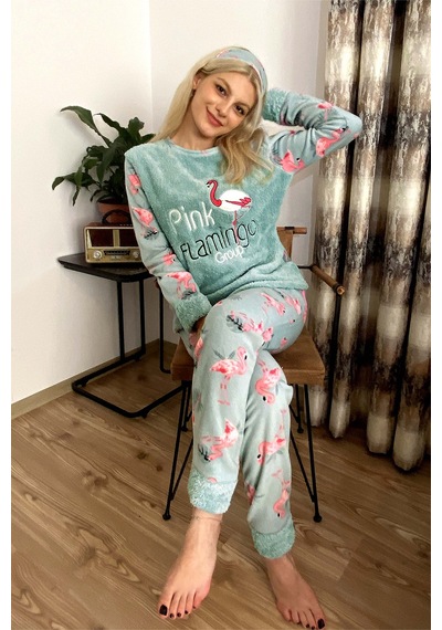 Nisanca Kışlık Uzun Kollu Bayan Peluş Polar Pijama Takımı İpeksi Doku Yesil Nisanca Kışlık Uzun Kollu Bayan Peluş Polar Pijama Takımı İpeksi Doku Yesil