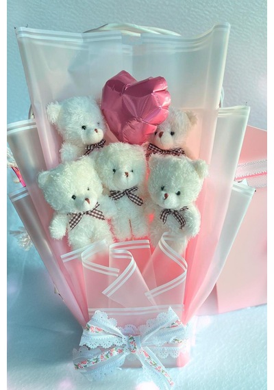 Premium Yumoş Beyaz Ayıcıklı, Kalp Balonlu Pembe Peluş Ayıcık Buketi