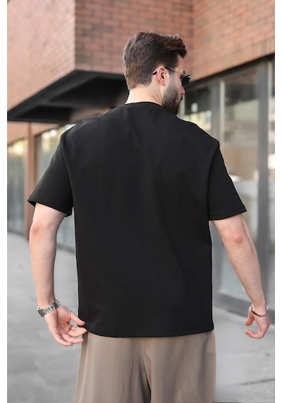 Madmext Siyah Bisiklet Yaka Oversize Erkek Tişört E7176