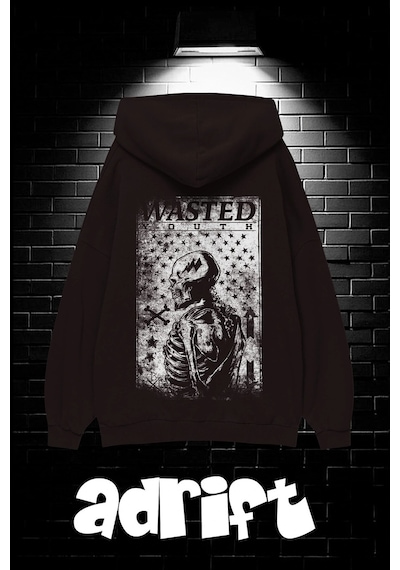 Startmore Unisex Oversize Kapüşonlu Kanguru Cepli Wasted Baskılı Sweatshirt Hoodie Beyaz Siyah