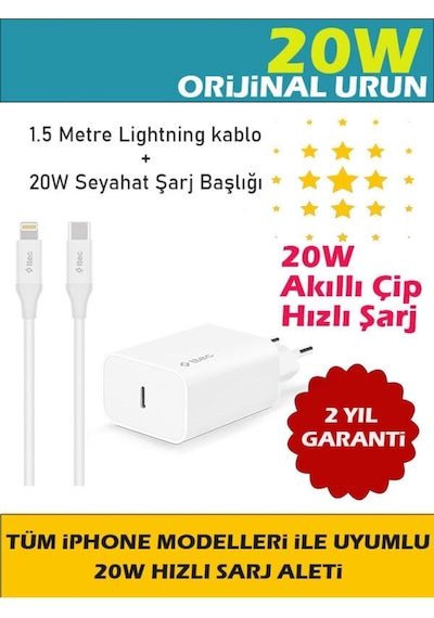 Apple Uyumlu iPhone 20w 14, 13, 12, 11, X, 8, 7 Güç Adaptörü 1.5m Kablo