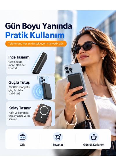 İphone 12/13/14/15/16/17/18 Uyumlu Magsafe Battery Pack 5000 Mah Powerbank Kablosuz Wireless Batarya Şarj Aleti siyah
