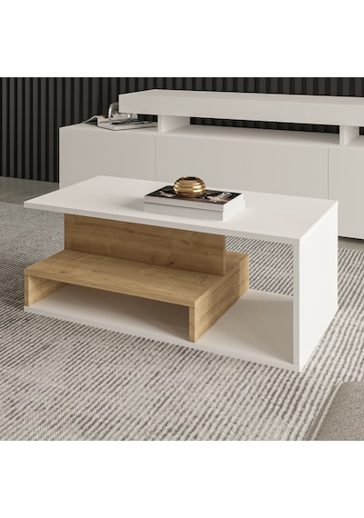 Vera Mini Orta Sehpa Modern Tasarım, Fonksiyonel Raflı Yap Beyaz/safir Meşe