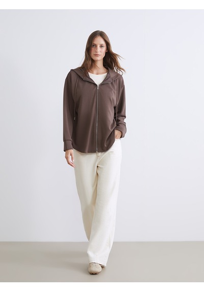 Lcw Everyday Kahverengi Kapüşonlu Oversize Kadın Fermuarlı Sweatshirt
