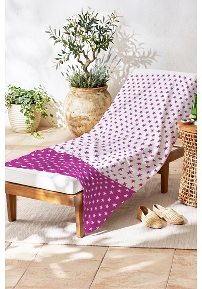 Yıldız Desenli Fuşya Beyaz Plaj Havlusu - Modern Havuz Deniz Hızlı Kuruyan Mikrofiber Havlu Bulut Ada
