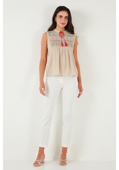 Lela Pamuklu Regular Fit Nakış Işlemeli Bayan Bluz 611Bz0249 Bej