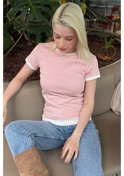 Pudra Bisiklet Yaka Çift Renkli Basic Tişört Mg2682 Pudra