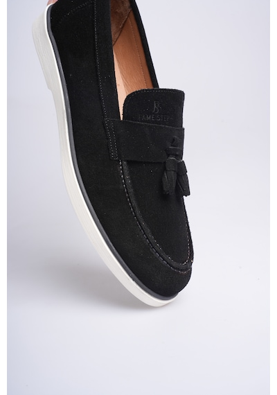 Fame Step Hakiki Deri Erkek Loafer Ayakkabı Süet Günlük Rahat Casual Mokasen Püsküllü Siena Siyah