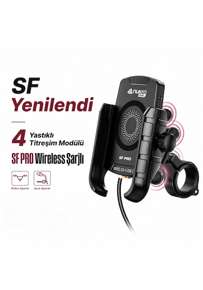 Sf Pro 4 Yastıklı Titreşim Modüllü Motosiklet Telefon Tutucu 15w Kablosuz Şarj & Usb-c Hızlı Şarj Siyah