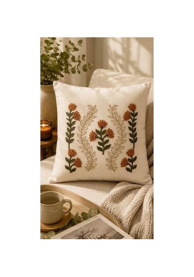 Punch Nakışlı Kırlent Kılıfı 45x45 Cm Kırlangıç Home Çapa Çiçek Desenli Turuncu-lale