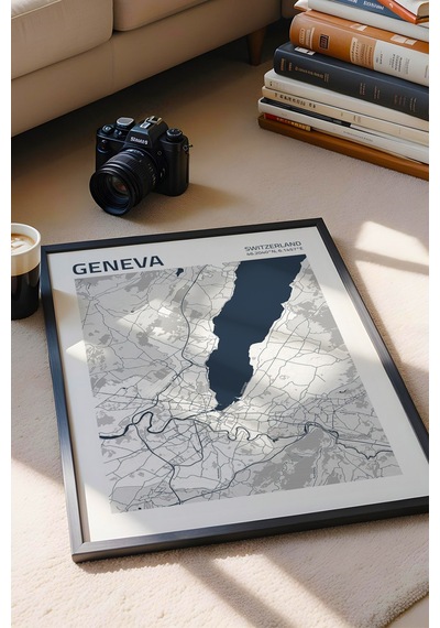 Cenevre İsviçre Switzerland Haritası Çerçeveli Tablo Lüks Salon Ofis Duvar Dekorasyonu Tablo