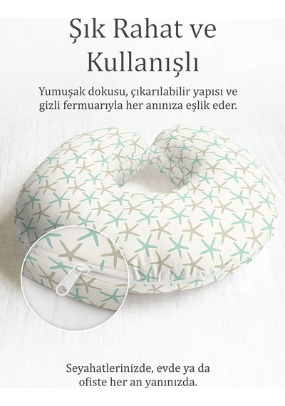 Deniz Yıldızı Desenli Ergonomik Boyun Yastığı - Modern Pastel Yeşil Bej Seyahat Yastığı Tozlu Grili Bej