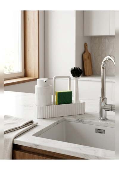 Beyaz Mutfak Lavabo Üstü Düzenleyici Set Sünger Dahil Süngerlikli Deterjanlık Bulaşık Fırçalı Tezgah Organizer