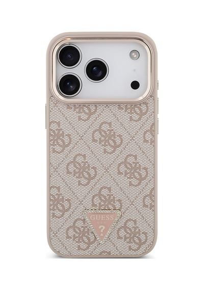 Apple Uyumlu iPhone 17 Pro Kılıf Guess Lisanslı M-safeli Gold Kamera Çerçeveli Taşlı Üçgen Logo 4g Desenli Pembe Pembe
