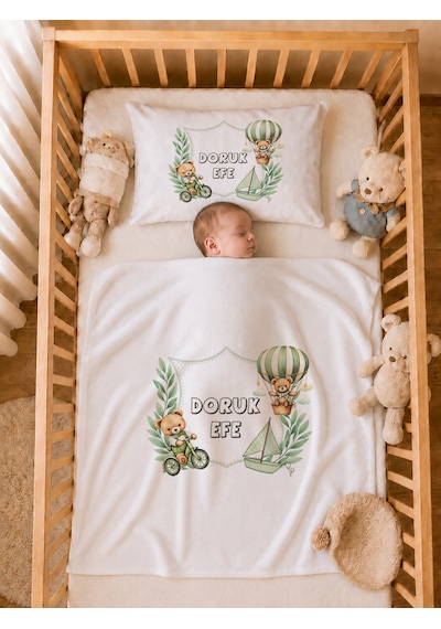 İsme Özel Erkek Bebek Battaniye Ve Yastık Kılıfı %100 Pamuk Organik Baskılı İsimli Bebek Seti Erkek Bebek Hediyesi 1042ybg Krem