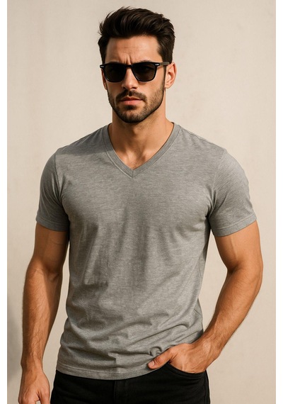 Rich Erkek %100 Pamuk Kısa Kollu V Yaka Gri T-shirt Gri