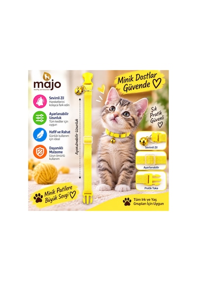 Baron Pet Kedi Boyun Tasması Zilli Ayarlanabilir Güvenlik Tokalı Dokuma - Sarı