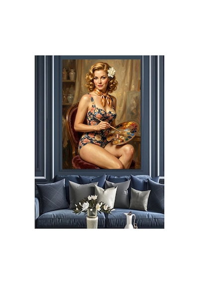 Resim Yapan Retro Mayolu Kadın Yağlı Boya Dokulu Kanvas Tablo Canvas Tablosu