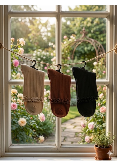 Heren Socks Heren Lastik Fırfırlı 3'lü Kadın Çorap , Fitilli Fırfırlı Kolej Boy Kiremit - Bej - Siyah Heren Socks Heren Lastik Fırfırlı 3'lü Kadın Çorap , Fitilli Fırfırlı Kolej Boy Kiremit - Bej - Siyah