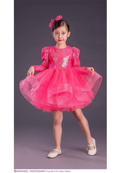 Kız Çocuk Pullu Özel Gün Elbise Abiye 1660-61 Pembe Pembe