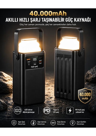 40.000mah Akıllı Hızlı Şarj Powerbank Taşınabilir Güç Kaynağı Fenerli 3 Modludijital Göstergeli 2 Çıkış 2 Giriş Taşınabilir Kollu Type-c-micro Usb-lightning-usb-a Kablolu siyah