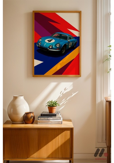 Mavi Ralli Arabası Pop Art, Ahşap Çerçeveli Duvar Tablosu - Oto Severlere Özel Hediye