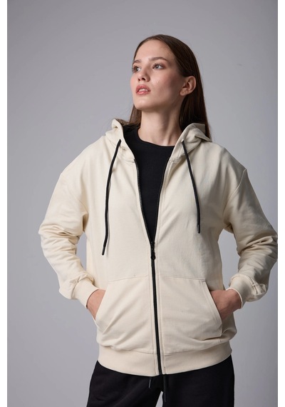 Defys Defy S Kadın Oversize Kapüşonlu Fermuarlı Cepli Sweatshirt Bej - 527346818 Bej