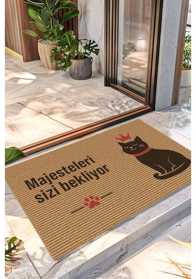 Decovetro Kapı Önü Halı Paspas Majesteleri Bekliyor Kedi Baskılı 40 X 60 Cm Çok Renkli