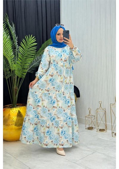 Neşeli Butik Kadın Mavi Boydan Düğmeli Çiçek Desenli Yazlık Tesettür Elbise Nms098
