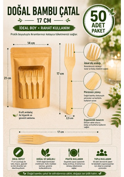 50'li Doğal Bambu Çatal 17 Cm Kullan At Parti Davet Piknik Baby Shower İkramlık Sunum Seti