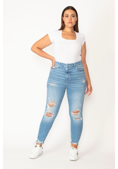 Şans Kadın Mavi Yırtık Detaylı Yıkama Efektli 5 Cepli Skinny Kot Pantolon 65n28095-mavi Mavi