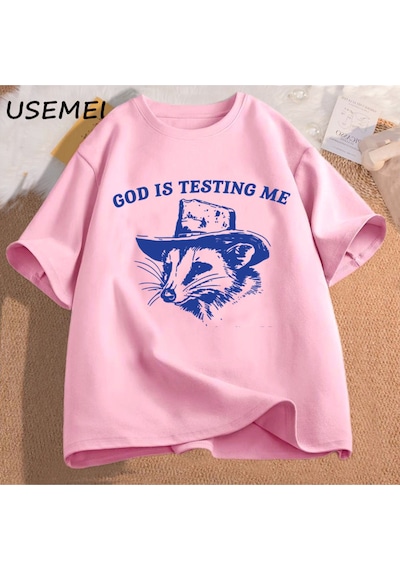Flood Of Style Tanrı Beni Test Ediyor Ve Ben % Erkek Tişörtü Komik Pamuk İğneleme Giyim Meme Grafik Tee Kısa Pembe
