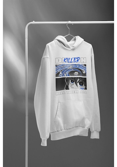 Demon Killer Baskılı Unisex Oversize Kill Them All Anime Hoodie Beyaz