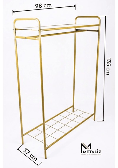 Metaliz Concept Metal Elbise Askılığı & Ayakkabılık Taşınabilir Giyim Organizeri Raflı Gold