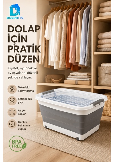45 L Tekerlekli Katlanabilir Saklama Kutusu Kapaklı Çok Amaçlı Ev Düzenleyici Organizer Beyaz - Gri