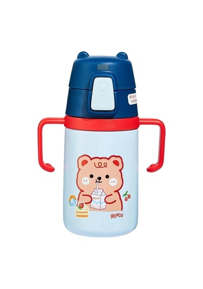 Rovco 400ml Silikon Pipetli Sevimli Ayıcıklı Boyun Askılı Bebek Kulplu Paslanmaz Çelik Termos Lacivert Genel